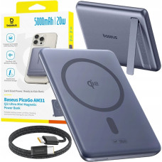 Baseus Powerbank Baseus PicoGo AM31 Qi2 5000mAh 20W ultracienki kompatybilny z MagSafe z podstawką z kablem plecionym Baseus Simple USB-C 20cm - szary