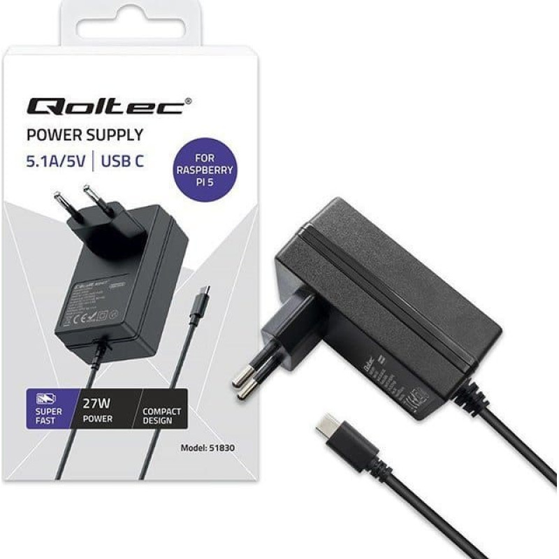 Qoltec Ładowarka Qoltec Ładowarka Super FAST PD for Raspberry PI 5 | USB-C | 27W | 5-12V | 1.8-5A | Czarna