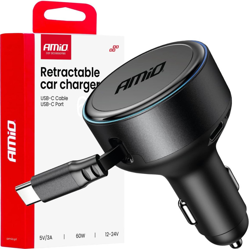 Amio Ładowarka samochodowa ze zwijanym kablem typu c + usb-c 12v 24v 60w amio-04368