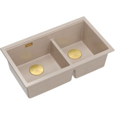 Graniteq QUADRON | LOGAN 120 | granitowy zlewozmywak kuchenny PEARL BEIGE + ZŁOTO PVD | wymiar: 76 x 45 x 23,5 cm | 2-komorowy podwieszany | podbudowa szafki od: 80 cm