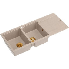 Graniteq EVAN 121 GraniteQ zlewozmywak z syfonem Push To Open 2-komorowy z/o (1160x500x210; kom. 420x340) pearl beige / elementy miedziane