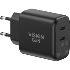 Vision Aus MFI-zertifizierter Fabrik - Dual USB-C-Buchse - EU CEE 7/7 Schuko-Stecker - liefert 65 W vom Hauptanschluss - Bei Nutzung des zweiten Anschlusses sinkt die Leistung auf 45 W und der zweite Anschluss liefert 20 W - GaN-Technologie macht dies seh