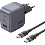 Vention Ładowarka GaN Vention USB-C+C+A 70W + Kabel USB-C-C 1m (Szara)
