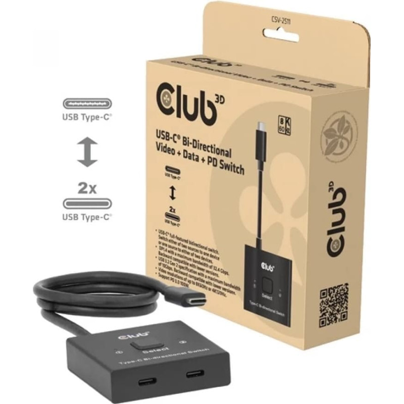 Club 3D Club3D Switch, USB-C na 2xUSB-C Oboustranný 2v1, 8K60Hz, 4K120Hz, PD 100W