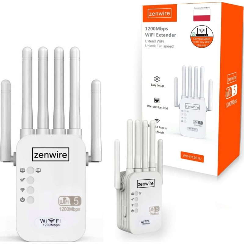 Zenwire Access Point Zenwire Wzmacniacz Sygnału Repeater WiFi 5 Zewnętrzny Repeater Access Point Zenwire WD-R1201U 1200 Mb/s