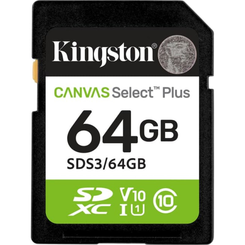 Kingston Tehnoloģija 64 GB SDXC Canvas Select Plus Gen3 100 MB/s C10 UHS-I U1 V10