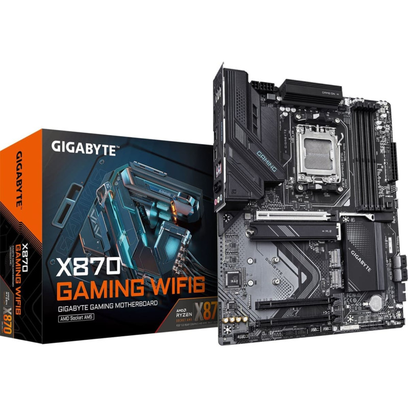 Gigabyte X870 GAMING WIFI6 mātesplate — atbalsta AMD Ryzen 9000 centrālos procesorus, 8+2+2 fāžu VRM, līdz 8000MHz DDR5 (OC), 1xPCIe 5.0 + 2xPCIe 4.0, Wi-Fi 6, 2.5GbE LAN, USB 4