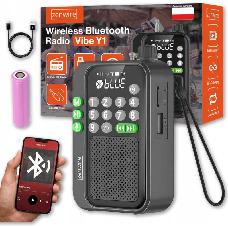 Zenwire Radio budowlane Zenwire Mini Radio FM Kieszonkowe Bluetooth Przenośne Budowlane Kuchenne na Baterie Y1
