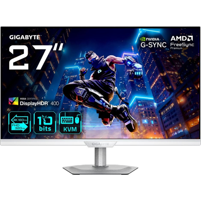 Gigabyte M27UP ICE 27 collu 4K UHD spēļu monitors — divu režīmu (4K 160 Hz vai FHD 320 Hz), 3840 x 2160, 1 ms, 350 cd/m², FreeSync Premium, DisplayHDR400, HDMI 2.1, Displayport 1.4