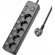 Viking Viking síťová prodlužovací zásuvka YC53S, 5x AC 230V, 1x USB-A, 2x USB-C, tlačítko ON/OFF, délka 1,5 m, černá