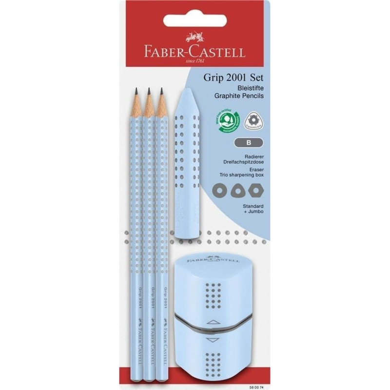 Faber-Castell Ołówek 3szt + gumka + temperówka Grip błękitny