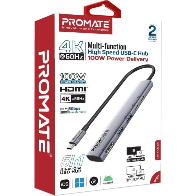 Promate LinkHub-5X Hub HDMI 4K@60Hz / USB-C PD100W