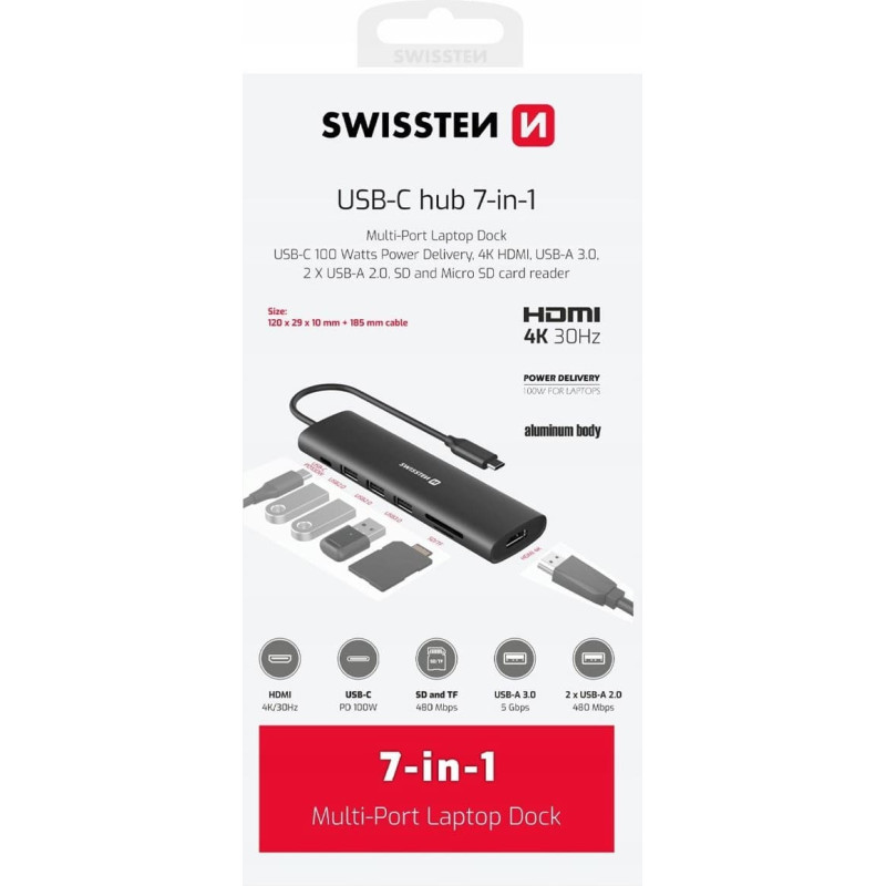 Swissten Daudzportu klēpjdatora dokstacija USB-C Hub 7in1 USB-C 100W / HDMI 4K / USB-A 3.0 / 2x USB-A 2.0 / SD / MicroSD