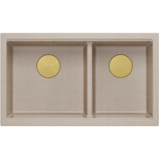 Graniteq QUADRON | LOGAN 120 | granitowy zlewozmywak kuchenny PEARL BEIGE + ZŁOTY PVD | wymiar: 76 x 45 x 23,5 cm | 2-komorowy wpuszczany | podbudowa szafki od: 80 cm