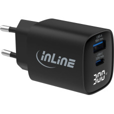 Manhattan InLine® USB PD Netzteil, GaN Ladegerät, 2-Port, USB-C + USB-A, 30W, mit Display