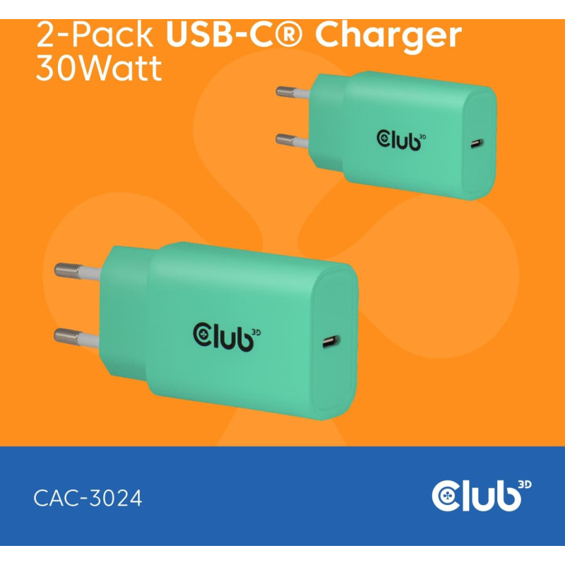 Club 3D Club3D Lifestyle Ladegerät USB-C 30Watt, 2Stk  grün retail