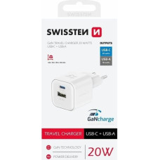 Swissten Travel Charger Gan 1X USB-C 20W PD + 1X USB-A 18W QC White