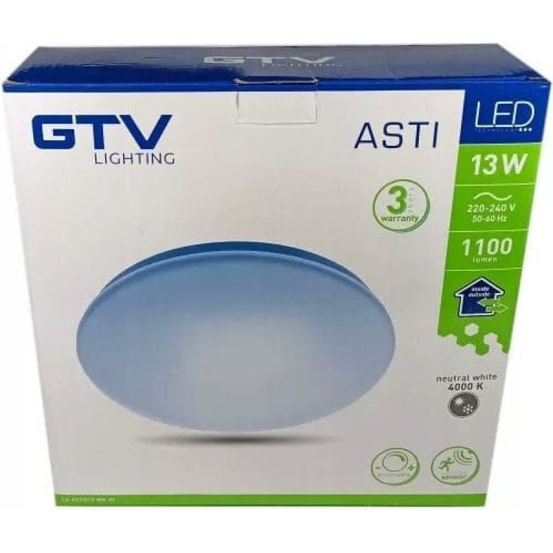 GTV Oprawa plafoniera z mikrofalowym czujnikiem ruchu ASTI-D13 LED 13W GTV 1100lm 4000K AC220-240V IP44 O254mm dim biała LD-ASTID13-NW-00