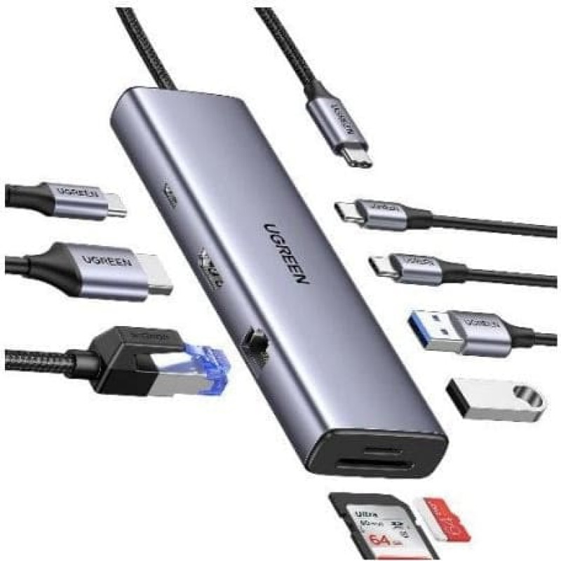 Ugreen HUB UGREEN CM498 USB-C / 2xUSB-A, 2xUSB-C, HDMI, VGA, RJ45 1000Mbps, SD/TF, USB-C PD 100W szary