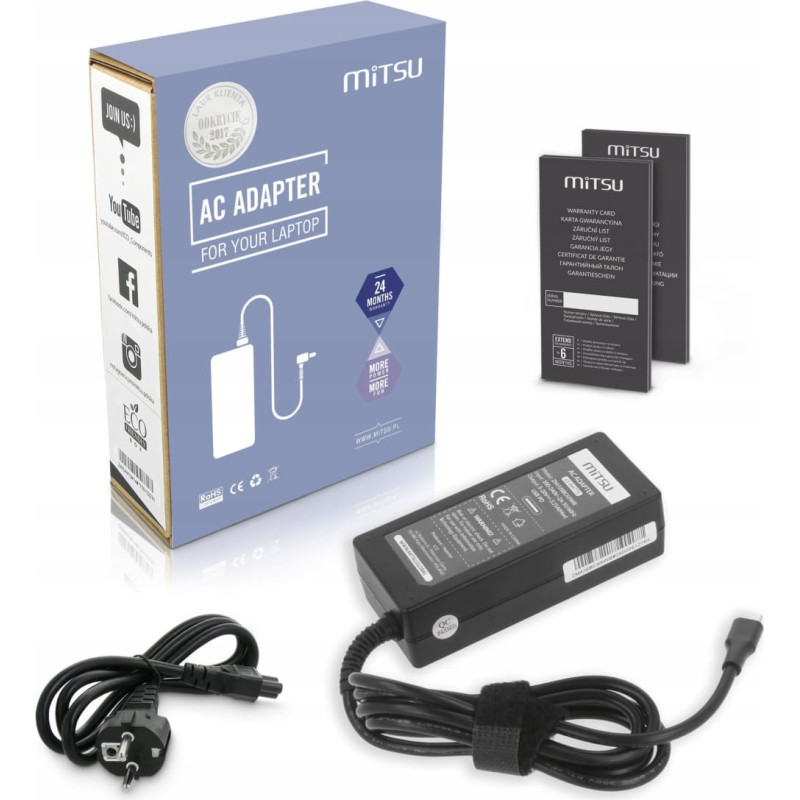 Mitsu Zasilacz sieciowy Mitsu 65W USB-C, USBC, 5-20V, 3-3.25A (black) do notebooka