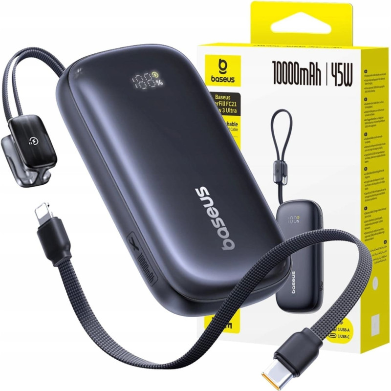 Baseus Powerbank Baseus EnerFill FC21 Qpow 3 Ultra 10000mAh 45W z dołączonym kablem-smyczą - czarny