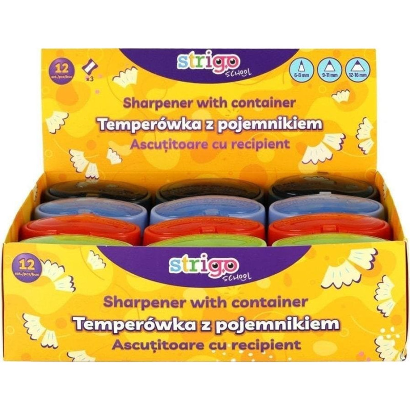 Strigo Temperówka na trzy grubości z pojemnikiem (12szt)
