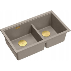 Graniteq QUADRON | LOGAN 120 | granitowy zlewozmywak kuchenny SOFT TAUPE + ZŁOTO PVD | wymiar: 76 x 45 x 23,5 cm | 2-komorowy wpuszczany | podbudowa szafki od: 80 cm