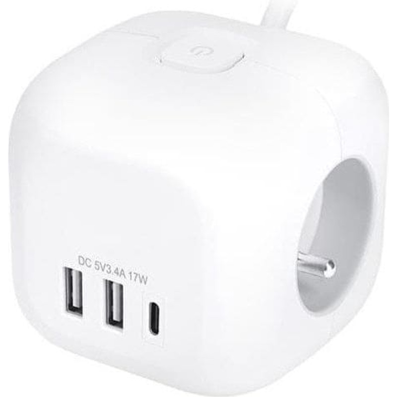 Solight 3z + USB A+C prodlužovací přívod - kostka, kabel 2m, 3 x 1mm2, bílý, vypínač