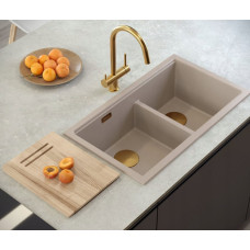 Graniteq QUADRON | LOGAN 120 | granitowy zlewozmywak kuchenny SOFT TAUPE + MIEDŹ PVD | wymiar: 76 x 45 x 23,5 cm | 2-komorowy wpuszczany | podbudowa szafki od: 80 cm