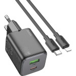 Hoco Ładowarka sieciowa do telefonu Hoco USB A + USB C QC PD 3A 20W + kabel USB C do Lightning N41 czarna
