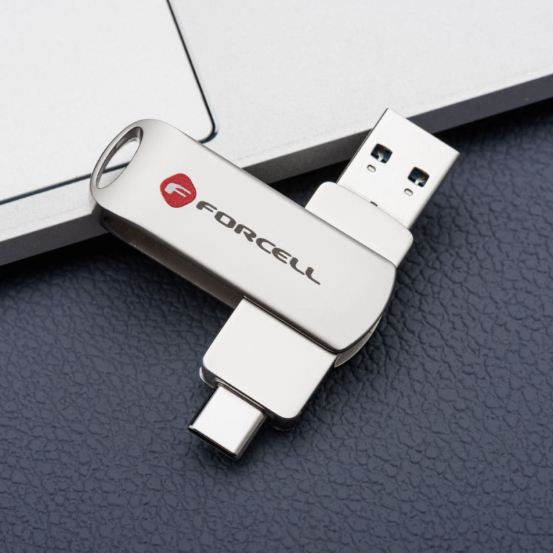 Forcell Pendrive 64GB USB 3.2 Gen 1 (USB A / USB C) Forcell F-Data Metal Duo srebrny