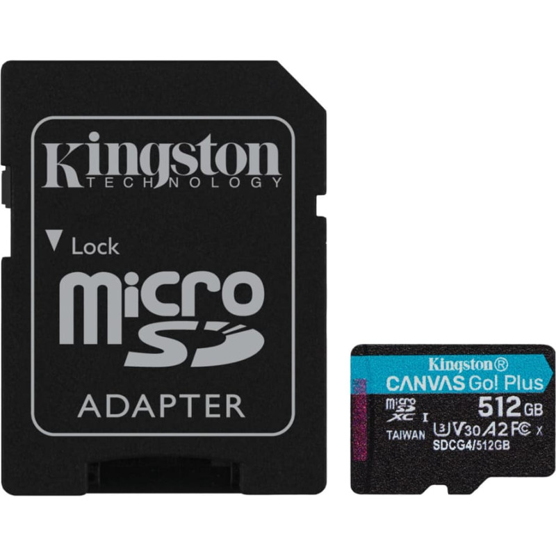 Kingston Tehnoloģija 512 GB microSDXC Canvas Go Plus Gen4 200 MB/s A2 U3 V30 karte + adapteris