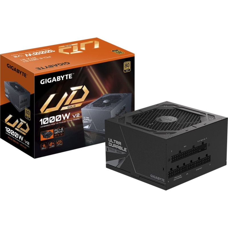 Gigabyte UD1000GM PG5 V2 barošanas bloks — PCIe Gen 5.1, 80 PLUS Gold, pilnībā modulārs dizains, 120 mm ventilators, saderīgs ar ATX 3.1, ES spraudnis
