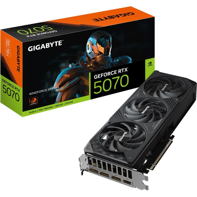 Gigabyte GeForce RTX 5070 WINDFORCE SFF 12G grafikas karte - 12 GB GDDR7, 192 biti, PCI-E 5.0, 2512 MHz kodola takts frekvence, 3 x DP 2.1b, 1 x HDMI 2.1b, DLSS 4, GV-N5070WF3-12GD