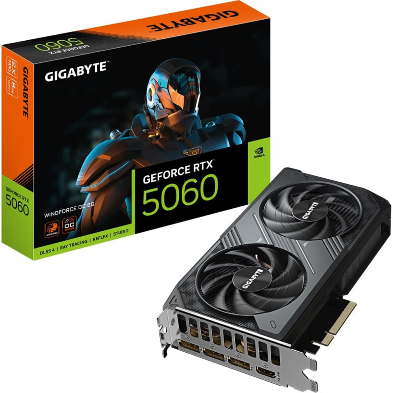Gigabyte GeForce RTX 5060 WINDFORCE OC 8G grafikas karte - 8 GB GDDR7, 128 bitu, PCI-E 5.0, 2512 MHz kodola takts frekvence, 3 x DisplayPort, 1 x HDMI, GV-N5060WF2OC-8GD