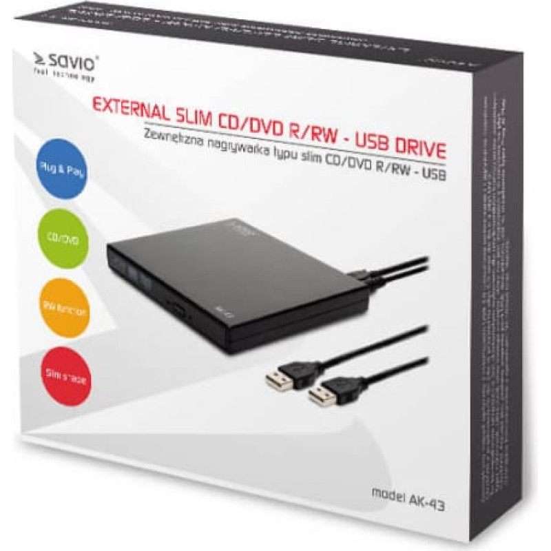 Savio AK-43 optical disc / External Slim drive DVD±R/RW CD±R/RW Black