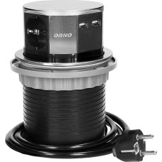 Orno Gniazdo meblowe ?10cm wysuwane z blatu z ładowarką USB i przewodem 1,5m, 3x2P+Z, 2xUSB, INOX, schuko