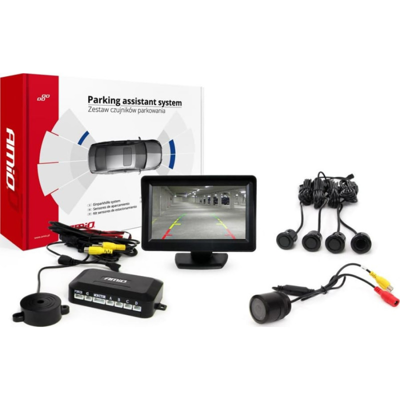 Amio Zestaw czujników parkowania tft 4,3  z kamerą hd-301-ir 4 sensory czarne  gold