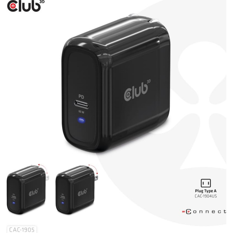 Club 3D CLUB3D Travel Charger 65W GAN technology, Single port USB Type-C, Power Delivery(PD) 3.0 Support