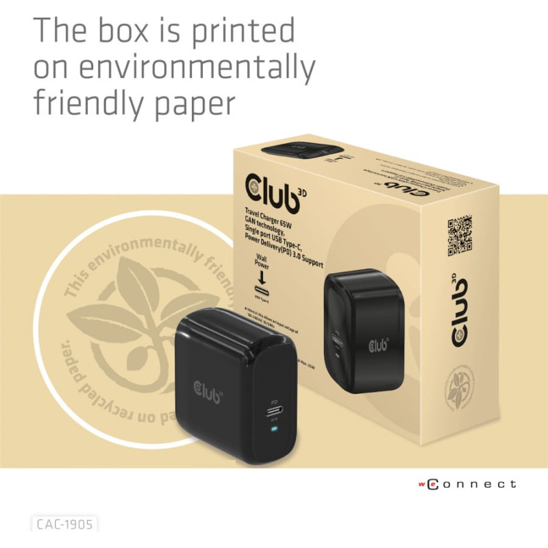 Club 3D CLUB3D Travel Charger 65W GAN technology, Single port USB Type-C, Power Delivery(PD) 3.0 Support