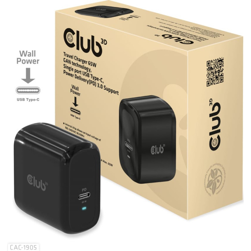 Club 3D CLUB3D Travel Charger 65W GAN technology, Single port USB Type-C, Power Delivery(PD) 3.0 Support
