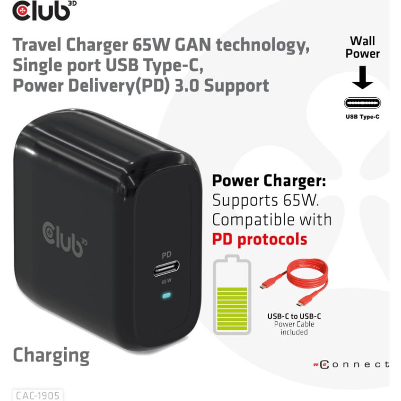 Club 3D CLUB3D Travel Charger 65W GAN technology, Single port USB Type-C, Power Delivery(PD) 3.0 Support