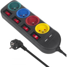 Maclean Удлинитель, удлинитель на 4 розетки + 2 USB-порта, с выключателями, 250 В переменного тока/10 А, 2,1 А, 5 В, 1,5 м, черный, MCE229 B