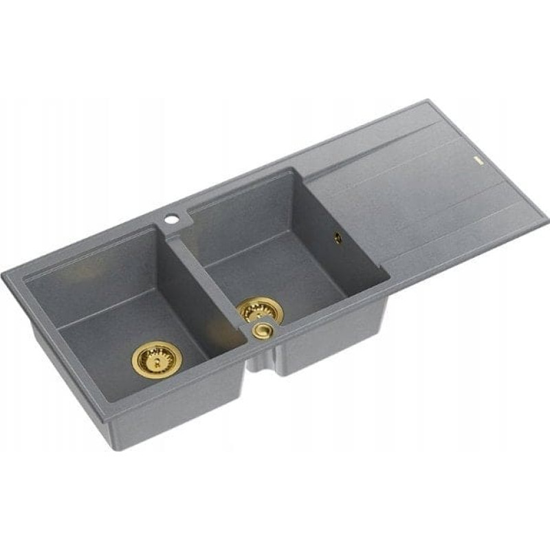 Graniteq Zlewozmywak GraniteQ EVAN 121 GraniteQ zlewozmywak z syfonem Push To Open 2-komorowy z/o (1160x500x210; kom. 420x340) silver stone / elementy złote