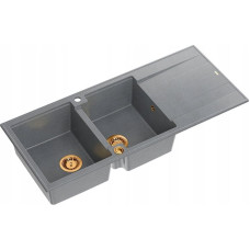 Graniteq Zlewozmywak GraniteQ EVAN 121 GraniteQ zlewozmywak z syfonem Push To Open 2-komorowy z/o (1160x500x210; kom. 420x340) silver stone / elementy miedziane