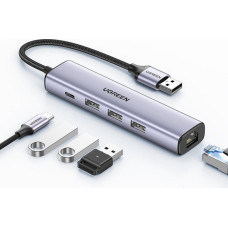 Ugreen Adapter UGREEN 5w1 USB-A do 3x USB 3.0 + RJ45 + USB-C (srebrny)