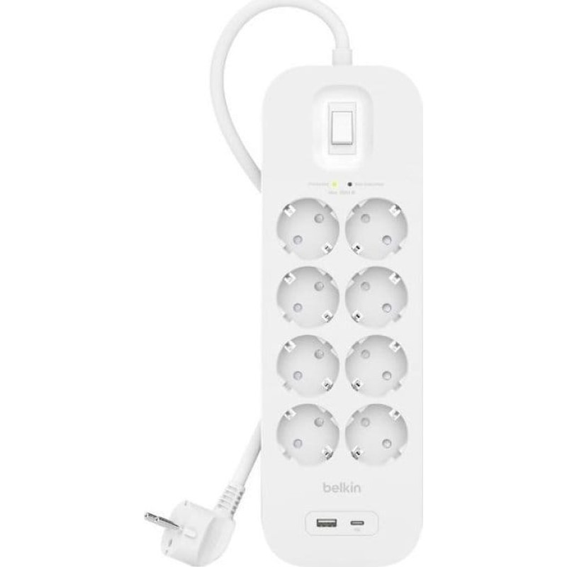 Belkin Listwa zasilająca Belkin Listwa przeciwprzepięciowa SurgePlus 8x schuko 1xUSB-A 1xUSB-C 900J 2m