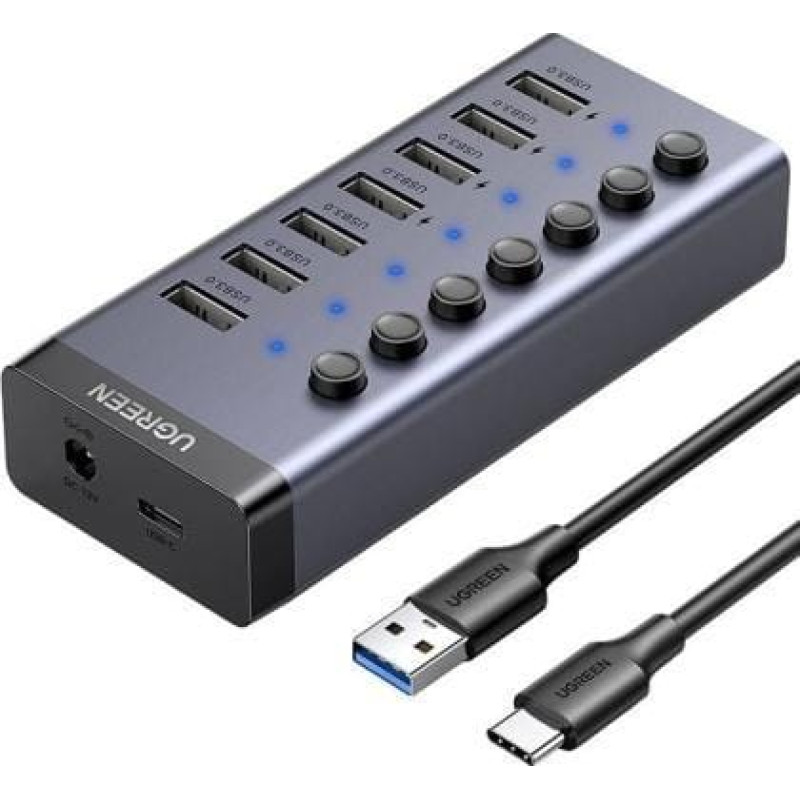 Ugreen Hub UGREEN 7w1 USB-C, 7x USB-A 3.0 12V 2A (czarny)