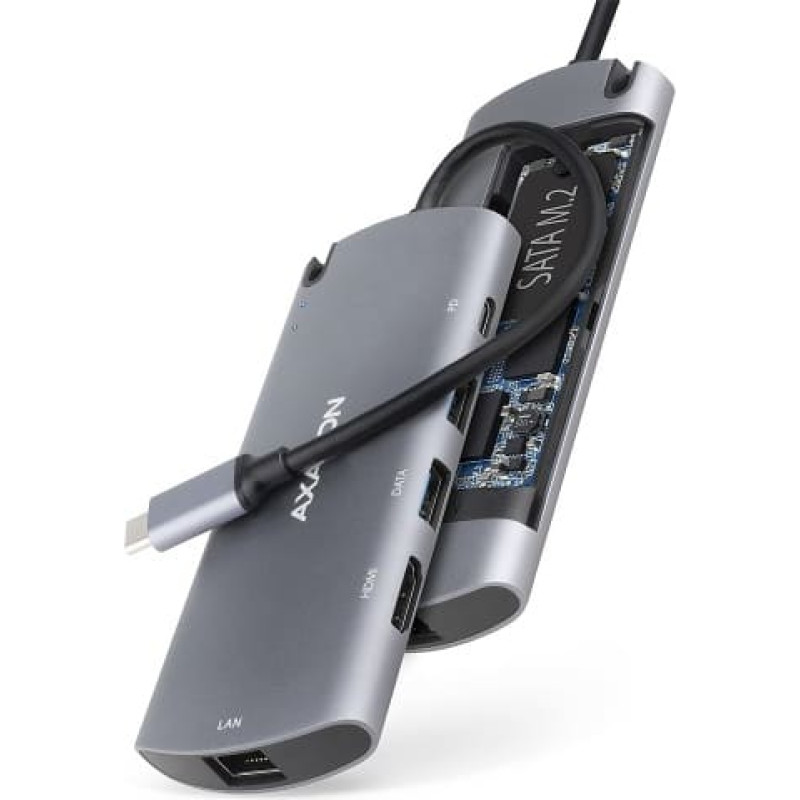 Axagon Hub HMC-6M2 USB-C 3.2 Gen 1 hub w. M.2 SATA + HDMI + GLAN + 2x USB-A + PD 100W