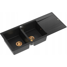 Graniteq Zlewozmywak GraniteQ EVAN 121 GraniteQ zlewozmywak z syfonem Push To Open 2-komorowy z/o (1160x500x210; kom. 420x340) pure carbon / elementy miedziane